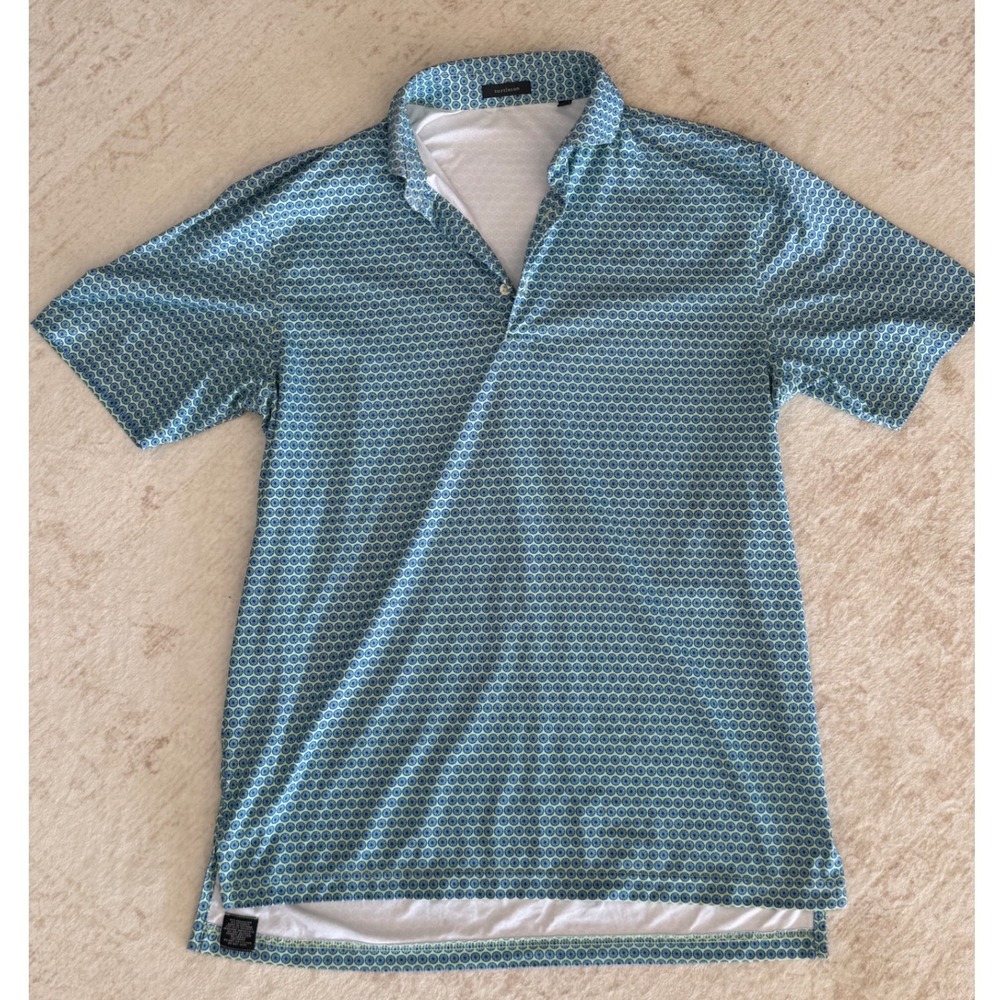 Turtleson Mens Performance Golf Polo Shirt Blue Green Geometric Print Size M